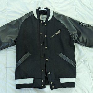 Black Varsity Leather Wool Oversized Bomber Jacket Size S (BRAND NEW)
